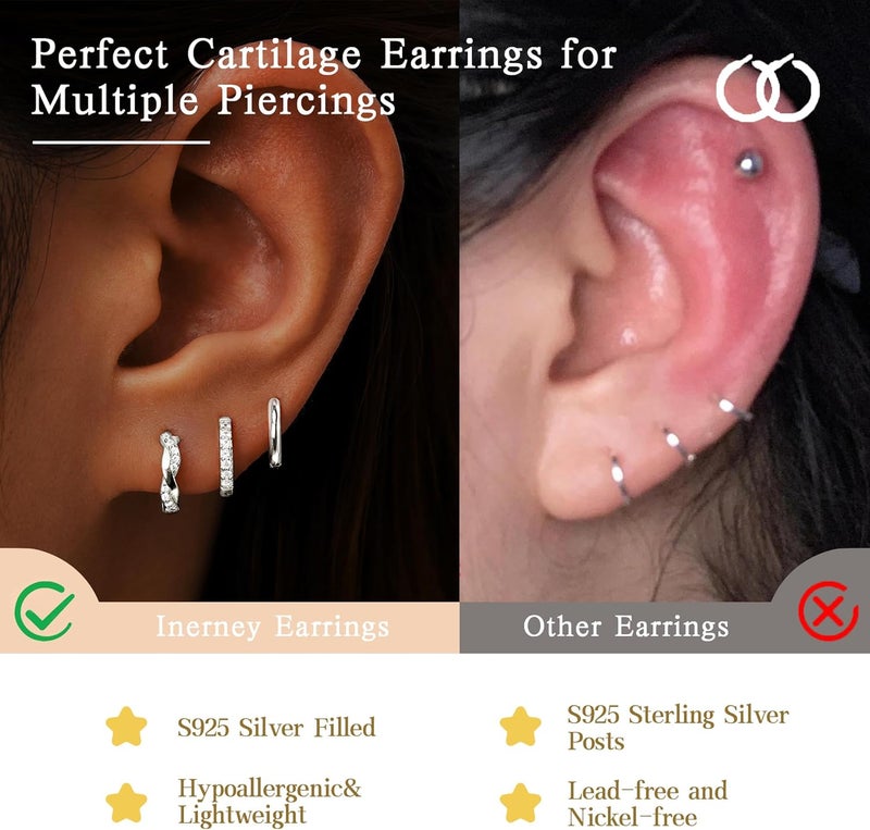 Inerney 14K Gold Plated Huggie Hoop Earrings for Women, Small Sterling Silver Earring Set Hypoallergenic Cartilage Helix Stacks, Mini Dainty Cute Trendy Birthstone Jewelry Gift for Multiple Piercings - Image 4